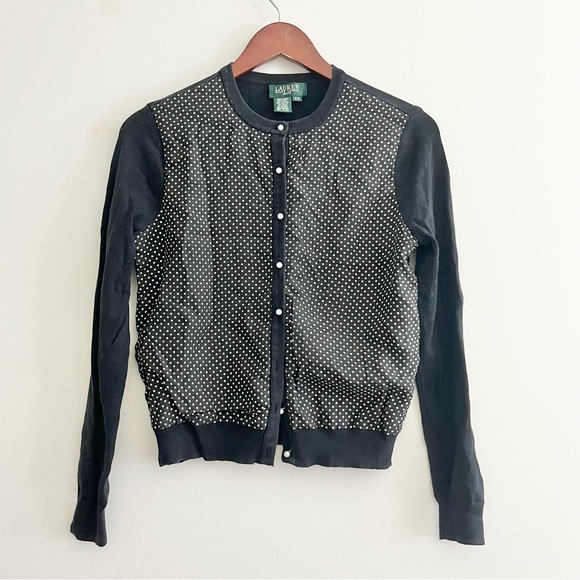 Lauren Ralph Lauren Silk Black & White Polka Dot Cardigan Sweater Petite Small - Picture 1 of 8